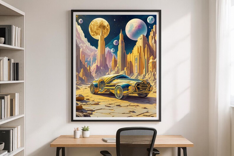 May include: Framed art print featuring a futuristic car in a surreal landscape. The car is gold and blue, set against a backdrop of towering structures and celestial bodies. The color palette includes yellows, blues, and purples, creating a vibrant, otherworldly scene.