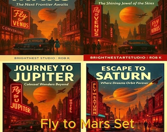 4 AI Art Deco, Characters - Trip to The Planets Travel Portrait Posters, Futuristic Sci-Fi Wall Art Print