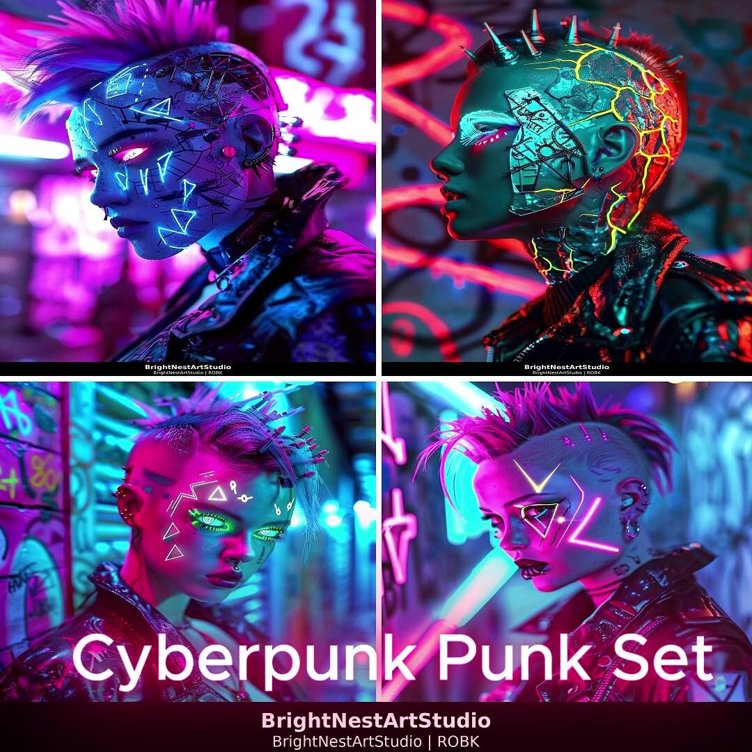 4 Cyberpunk Art, Characters – Neon Punk Android Portrait Poster Art ...