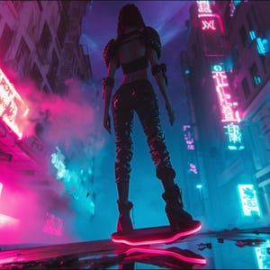 May include: A futuristic digital art piece depicts a person standing on a glowing red hoverboard. The person is wearing black leather-like pants, boots, and a top with shoulder armor. The background features neon signs and buildings in shades of pink, blue, and purple.