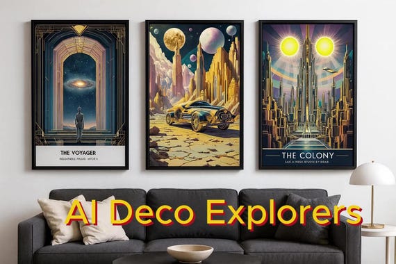3 AI Art Deco, Characters – Explorers Portrait Posters, Futuristic Sci-Fi Wall Art Print