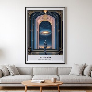 May include: A framed art print titled "The Voyager" depicts a figure standing before an archway leading to a cosmic scene. The artwork features a color palette of blues, golds, and whites, with the text "The Voyager" at the bottom.