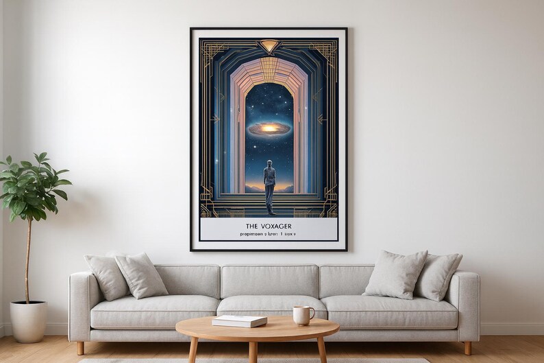 May include: A framed art print titled "The Voyager" depicts a figure standing before an archway leading to a cosmic scene. The artwork features a color palette of blues, golds, and whites, with the text "The Voyager" at the bottom.