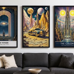 May include: Three framed art prints with a futuristic theme. The first depicts a person in an archway looking at a galaxy, with the text "THE VOYAGER". The second shows a futuristic car and city with planets. The third shows a city with two suns and the text "THE COLONY".