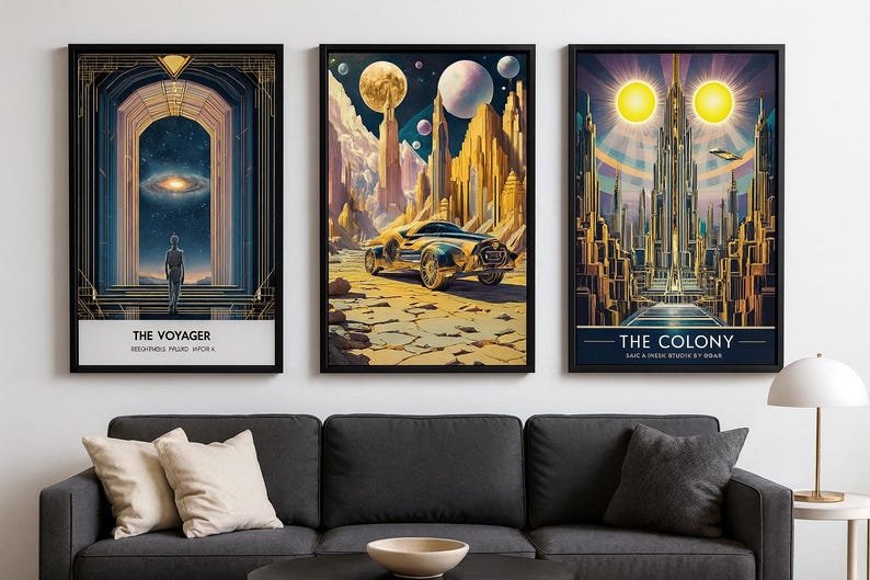 May include: Three framed art prints with a futuristic theme. The first depicts a person in an archway looking at a galaxy, with the text "THE VOYAGER". The second shows a futuristic car and city with planets. The third shows a city with two suns and the text "THE COLONY".