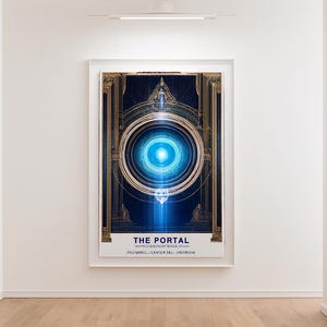 May include: A framed art print titled "THE PORTAL" with a blue and gold design. The artwork features a central glowing blue circle with intricate geometric patterns and architectural elements. The print is displayed on a white wall.