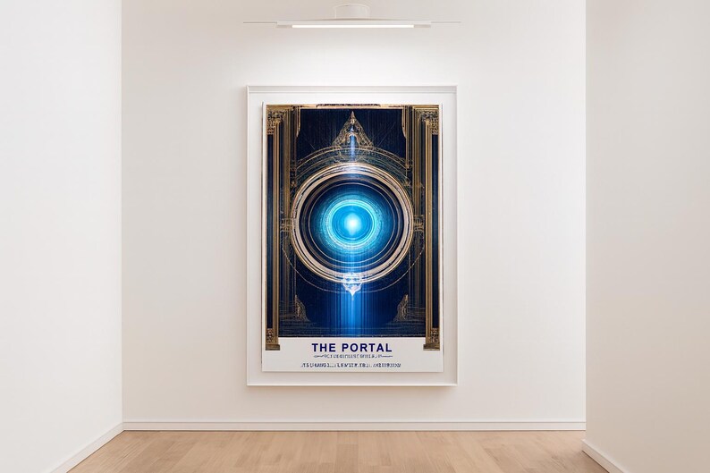 May include: A framed art print titled "THE PORTAL" with a blue and gold design. The artwork features a central glowing blue circle with intricate geometric patterns and architectural elements. The print is displayed on a white wall.