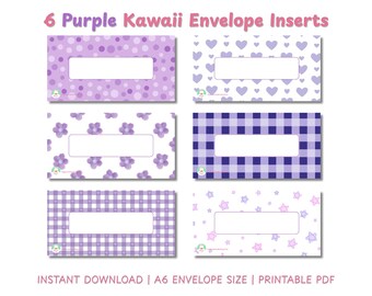 Insertos para sobres de efectivo A6 morados imprimibles / Paneles de control para carpeta de presupuesto Kawaii en PDF / Descarga instantánea en formato A4 y Carta estadounidense