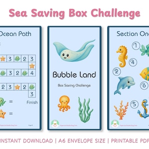 Può includere: Carte di gioco educative stampabili a tema vita marina. Le carte presentano illustrazioni colorate di creature marine, tra cui un cavalluccio marino, un delfino e un polpo. Il testo "Sea Saving Box Challenge" è in alto. Le carte sono in formato A6.