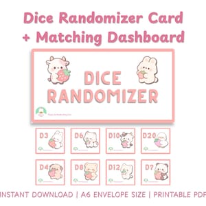 以下が含まれることがあります： ピンクと白のデザインの、印刷可能なサイコロランダマイザーカードとマッチングダッシュボード。イチゴを持ったかわいい動物のイラストが特徴です。「Dice Randomizer」の文字が大きく表示されています。A6サイズが含まれています。