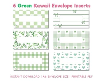 Insertos imprimibles para sobres de efectivo A6 verdes y bonitos / Paneles de control para carpetas de presupuesto Kawaii en PDF / Descarga instantánea en formato A4 y carta estadounidense