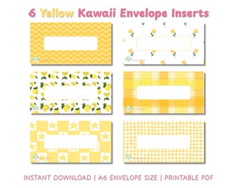 Lindos insertos imprimibles para sobres amarillos A6 para efectivo / Paneles de control para carpetas de presupuesto kawaii en PDF / Descarga instantánea en tamaños A4 y carta (EE. UU.)