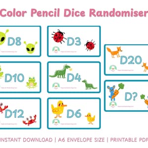 May include: A collection of printable dice randomizers featuring colorful illustrations of aliens, ladybugs, frogs, dinosaurs, foxes, crabs, ducks, and bunnies. Each card has a die number, such as D8, D3, D20, and D10, with a teal border.