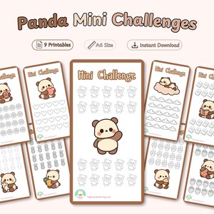 Può includere: Un set di nove tracker per sfide stampabili in formato A6 con illustrazioni di panda. Ogni scheda riporta il testo 'Mini Challenge' e varie icone come cuori, ciambelle, nuvole, libri, ananas e fragole per monitorare i progressi.