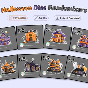 Può includere: Un set di randomizzatori di dadi di Halloween con 9 carte stampabili in formato A6. Ogni carta mostra un'illustrazione unica ad acquerello di una casa stregata o di una zucca, etichettata con tipi di dadi D3, D4, D6, D8, D10, D12, D20 e D?.