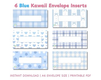 Insertos imprimibles para sobres de efectivo A6 azules y bonitos / Paneles de control para carpetas de presupuesto Kawaii en PDF / Descarga instantánea en formato A4 y carta estadounidense