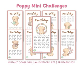 Mini retos de ahorro Poppy para imprimir / 9 insertos para guardar dinero en efectivo A6 / Lindos retos para la carpeta de presupuesto / Descarga instantánea A4 y Carta estadounidense