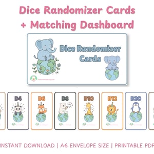 May include: A set of printable dice randomizer cards with a matching dashboard. The cards feature cute animal illustrations, including a sloth, panda, fox, polar bear, giraffe, lion, penguin, and a sloth. The text "Dice Randomizer Cards" is displayed.