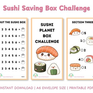 Könnte beinhalten: Eine druckbare Spar-Challenge zum Thema Sushi mit drei Abschnitten. Der Titel lautet "Sushi Saving Box Challenge". Der erste Abschnitt ist "Shut the Sushi Box", der zweite "Sushi Planet Box Challenge" und der dritte "Section Three". Das Bild enthält Sushi-Illustrationen.