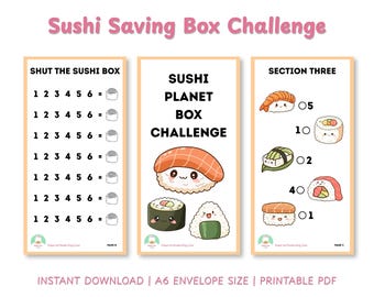 Reto de ahorro con linda caja de sushi / Sobre de efectivo imprimible A6 / Carpeta de presupuesto kawaii para ahorrar en PDF / Descarga instantánea en formato A4 y carta estadounidense
