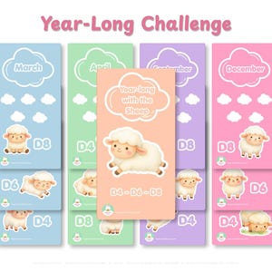 Puede incluir: Un conjunto de tarjetas coloridas con temática de ovejas. Las tarjetas son en tonos de azul, verde, melocotón, morado y rosa, con el texto "Year-Long Challenge" en la parte superior. Cada tarjeta presenta una ilustración de oveja y texto.