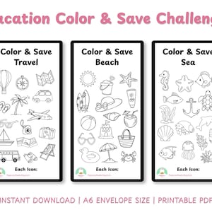 May include: Black and white line drawings of vacation-themed icons are displayed on three rectangular cards. The cards are labeled "Color & Save Travel", "Color & Save Beach", and "Color & Save Sea". The text "Vacation Color & Save Challenge" is at the top.