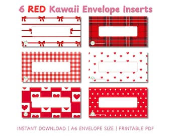 Insertos imprimibles para sobres de efectivo A6 rojos / Paneles de control para carpetas de presupuesto Kawaii en PDF / Descarga instantánea en formato A4 y Carta estadounidense