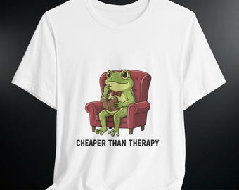 Camiseta "Más barata que la rana terapéutica", divertida camiseta de rana terapéutica con temática cottagecore, regalo sarcástico de anfibios para ella, camiseta de cumpleaños con humor para amantes de las ranas