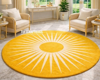 Hand Tufted Wool Sunburst Rug – Yellow Round Carpet for Living Room