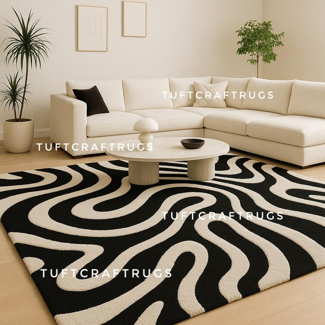 Hand Tufted Area Rug Black and White Wavy Pattern Modern Carpet - Etsy