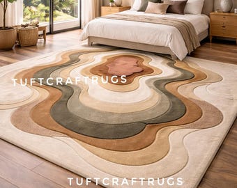 Modern Wavy Hand Tufted Wool Rug Abstract Carved Earth Tone Area Rug, Mid Century Modern Plush Carpet for Living Room Bedroom Aesthetics Rug
