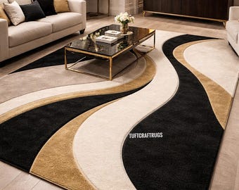Tapete de lã tufado à mão | Design abstrato de ondas, preto e dourado - acessório para casa