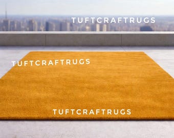 Handgetuft wollen vloerkleed, modern effen oranje tapijt, minimalistisch woonkamerdecor
