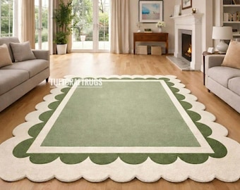 Hand Tufted Wool Rug, Sage Green Scalloped Area Rug, Modern Organic Floor Decor