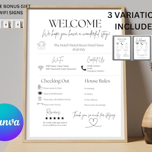 Airbnb Welcome Sign Bundle | 3 Editable Canva Templates | Wi-Fi, House Rules & Checkout | Instant Download + Free Wi-Fi Signs BONUS