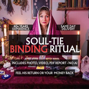 May include: A person wearing a magenta head covering sits behind a table with tarot cards, white candles, crystals, and an evil eye charm. Text reads: 40+ YEARS EXPERIENCE, SAME DAY DELIVERY, SOUL-TIE BINDING RITUAL, INCLUDES PHOTO, VIDEO, PDF REPORT - NO AI, FEEL HIS RETURN OR YOUR MONEY BACK.