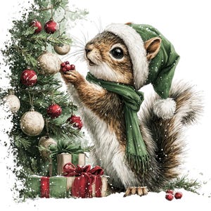 Peut inclure: Illustration numérique d'un écureuil portant un bonnet et une écharpe verts, décorant un sapin de Noël avec des boules. L'écureuil, brun et blanc, est entouré de cadeaux emballés dans du papier vert et des rubans rouges.