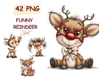 Rolig ren Clipart, nyckfull Rudolf-stil hjort, glad och ljus digital konst