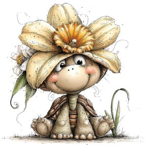 May include: A charming illustration of a turtle character wearing a daffodil flower hat. The turtle has a smiling face, pink cheeks, and a detailed shell. The artwork is in a soft, hand-drawn style with a touch of watercolour.