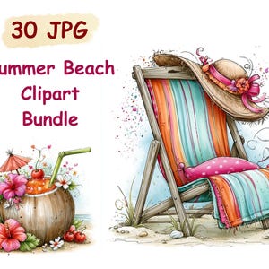May include: Watercolor illustration of a beach scene with a deck chair, hat, and tropical drink. The deck chair has a striped orange, pink, and blue seat. A straw hat with a pink ribbon sits on the chair. A coconut drink with a cherry and umbrella is also shown.