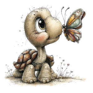 Op de afbeelding: Een grillige illustratie van een cartoon schildpad met een vlinder. De schildpad heeft een lichtbruine kop, een patroon op het schild en grote, expressieve ogen. De vlinder heeft kleurrijke vleugels met oranje, groene en bruine patronen. Op een witte achtergrond.