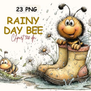 May include: Watercolor illustration of a cartoon bee in yellow rain boots, with daisies and raindrops. The image includes the text "Rainy Day Bee Clipart 300 dpi" in gold and red. A second bee is on a leaf.