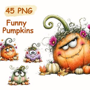Könnte beinhalten: Eine Illustration von lustigen Kürbissen mit unterschiedlichen Gesichtsausdrücken und Farben. Der Text "45 PNG Funny Pumpkins" ist enthalten. Die Kürbisse sind mit Blättern und Blumen dekoriert, ideal für Herbst oder Halloween.