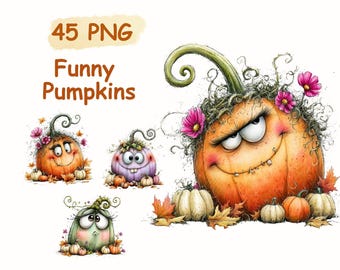 May include: A collection of whimsical, cartoon-style pumpkins in various colors, each with unique expressions and features. The image includes the text "45 PNG Funny Pumpkins". The pumpkins are decorated with leaves and flowers, perfect for fall or Halloween.