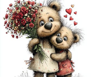 Puede incluir: Ilustración conmovedora de dos osos de peluche. Uno sostiene un ramo de flores rojas y blancas, con un delantal floral. El otro oso abraza al primero, con un vestido rojo. Corazones rojos flotantes se suman al tema amoroso.