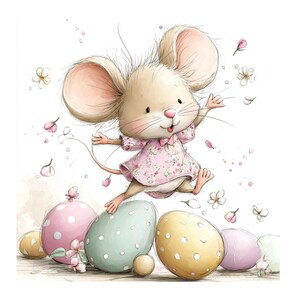 Może przedstawiać: Akwarelowa ilustracja wesołej myszy w różowej sukience w kwiaty, skaczącej nad pastelowymi pisankami. Jajka są ozdobione kropkami i otoczone kwiatami, tworząc kapryśną i świąteczną scenę.