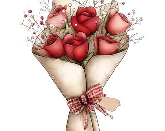 Puede incluir: Ilustración de un ramo de rosas. El ramo presenta rosas rojas y rosas envueltas en papel marrón y atadas con una cinta a cuadros roja y blanca. Delicadas flores blancas y bayas rojas acentúan las rosas.
