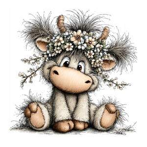 Könnte beinhalten: Eine bezaubernde Illustration einer sitzenden, flauschigen Kuh mit einem Blumenkranz. Die Kuh hat eine hellbraune Schnauze, große braune Augen und kleine Hörner. Der Blumenkranz zeigt weiße und hellgrüne Blumen. Die Kuh sitzt auf ihren Fersen.