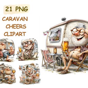 May include: A digital illustration set titled 21 PNG CARAVAN CHEERS CLIPART featuring a cartoon elderly person with glasses and a beard relaxing in a folding chair next to a vintage caravan, holding a glass of beer in various camping scenes.