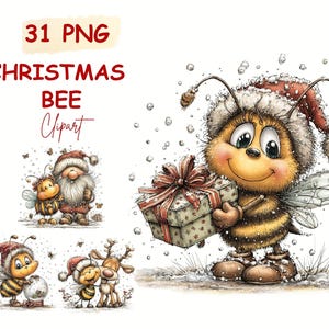 May include: A collection of 31 PNG Christmas bee clipart illustrations featuring a bee wearing a red Santa hat, holding a gift, standing with Santa, interacting with a reindeer, and playing with a snow globe, all set against a white background.